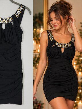 City Triangles Bodycon Ruched Mini Dress Size XS/s Black Padded Jeweled